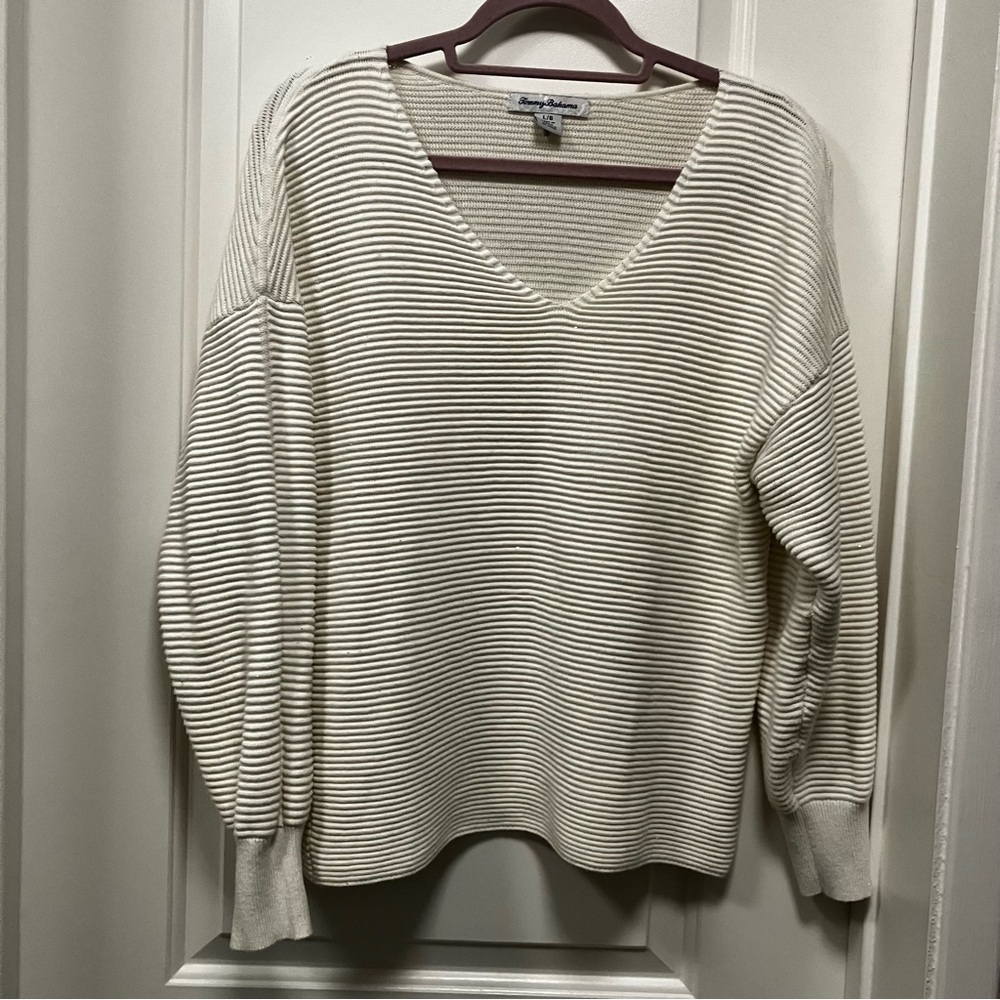 Tommy Bahama Bonita sequins ottoman ivory cotton blend knit pull over sweater
